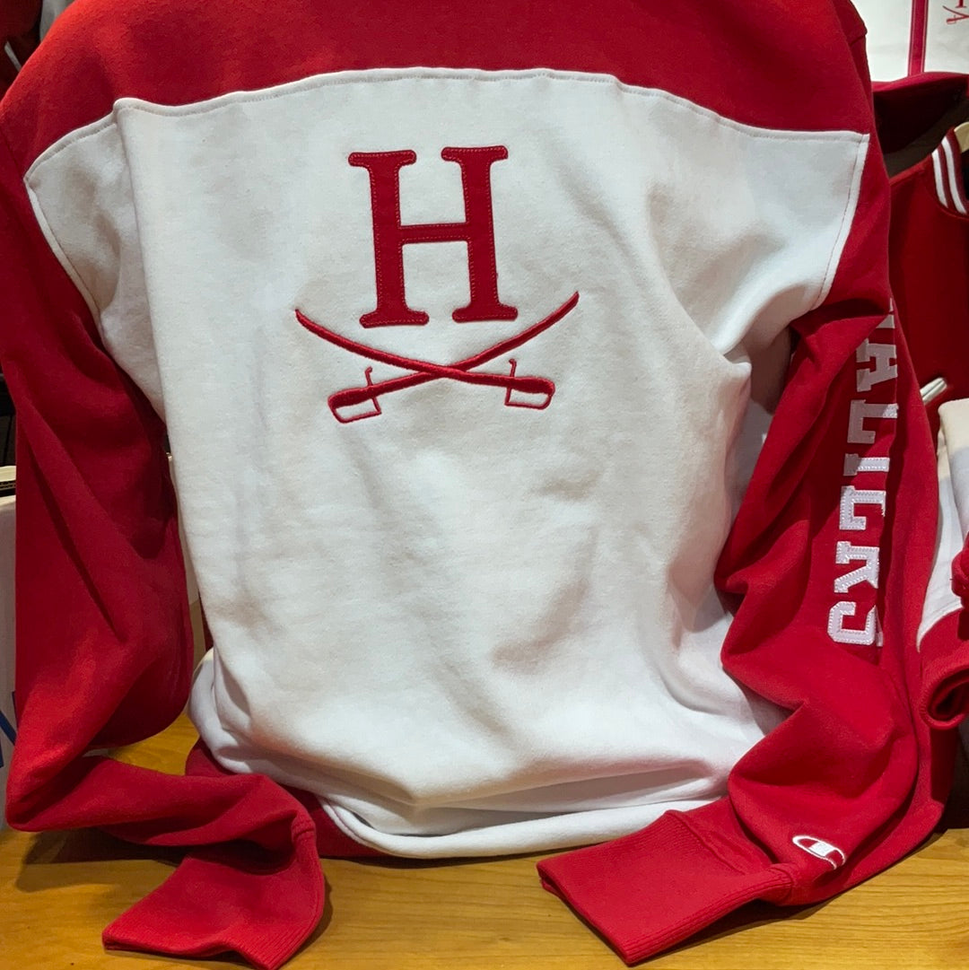 Champion Color Block Red White Embroidered Crew Sweatshirt The Heights Haberdashery
